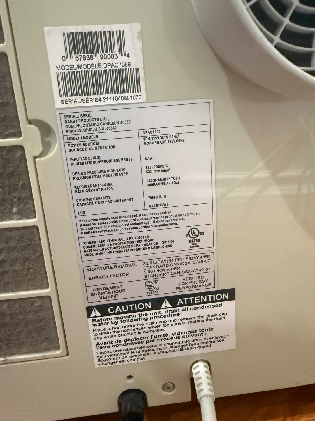 Danby 7000 BTU Portable Air Conditioner (Model: DPAC7099) - photo 4