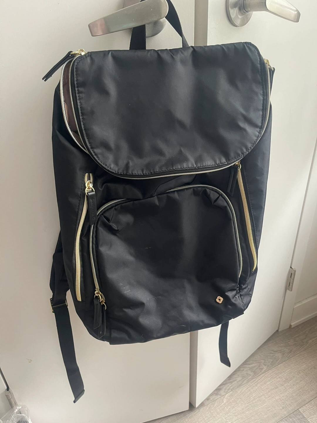Black Nylon Backpack with Gold Accents