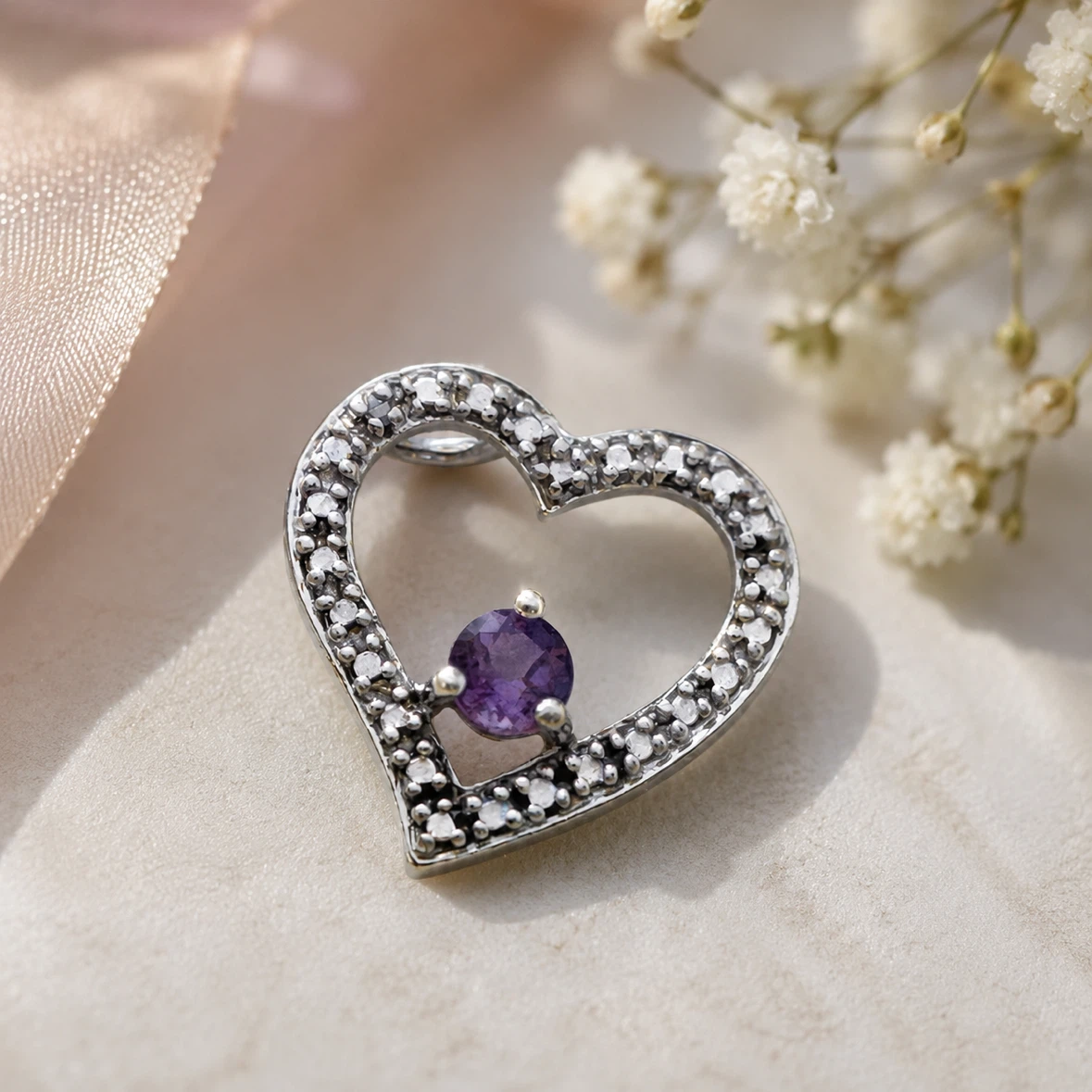 Sterling silver DL amethyst & diamond heart pendant