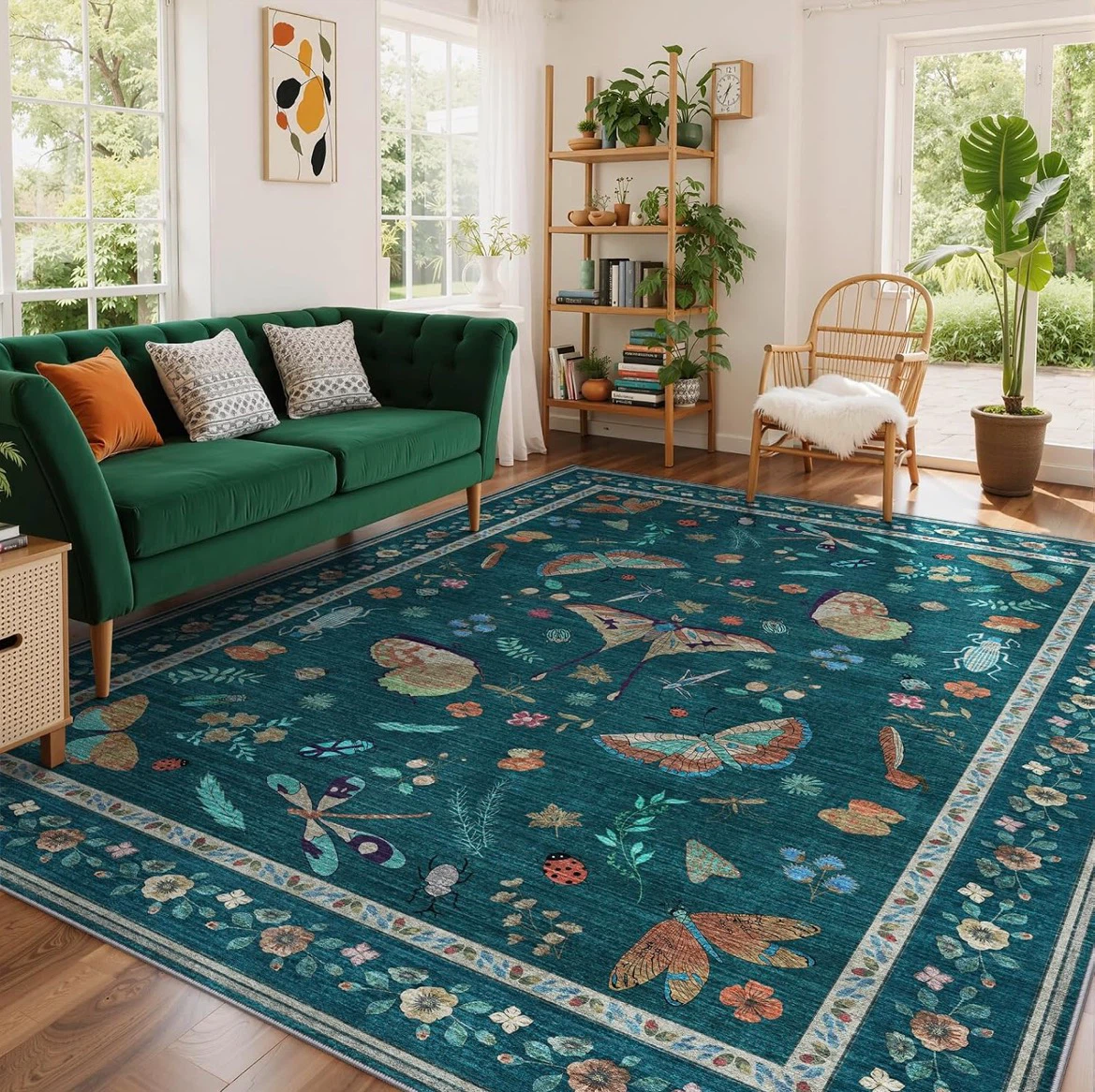 Teal Butterfly and Insect Area Rug