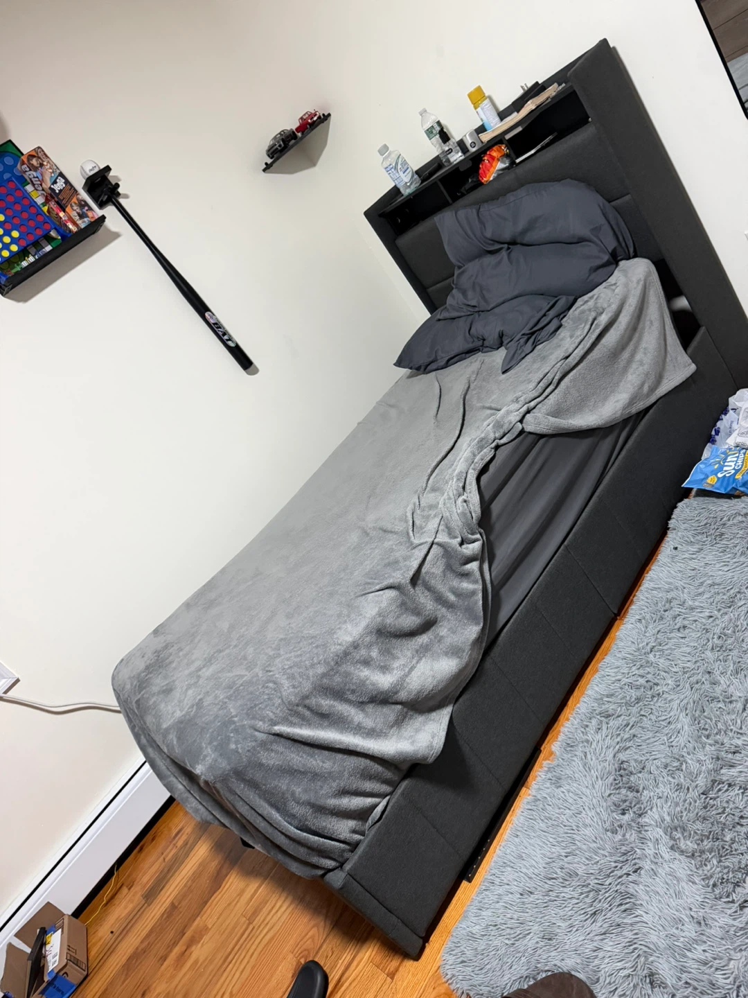 Grey Upholstered Bed Frame with Storage