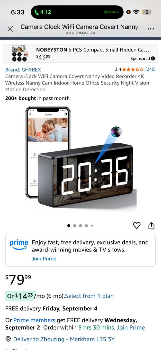 BNIB!WiFi Security Camera Clock – 4K Indoor Home Monitor