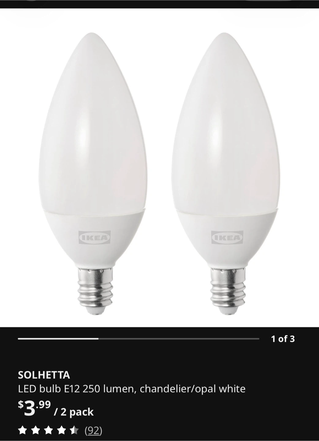 66 IKEA RYET LED 200lm E12 Light Bulbs (2 Pack)