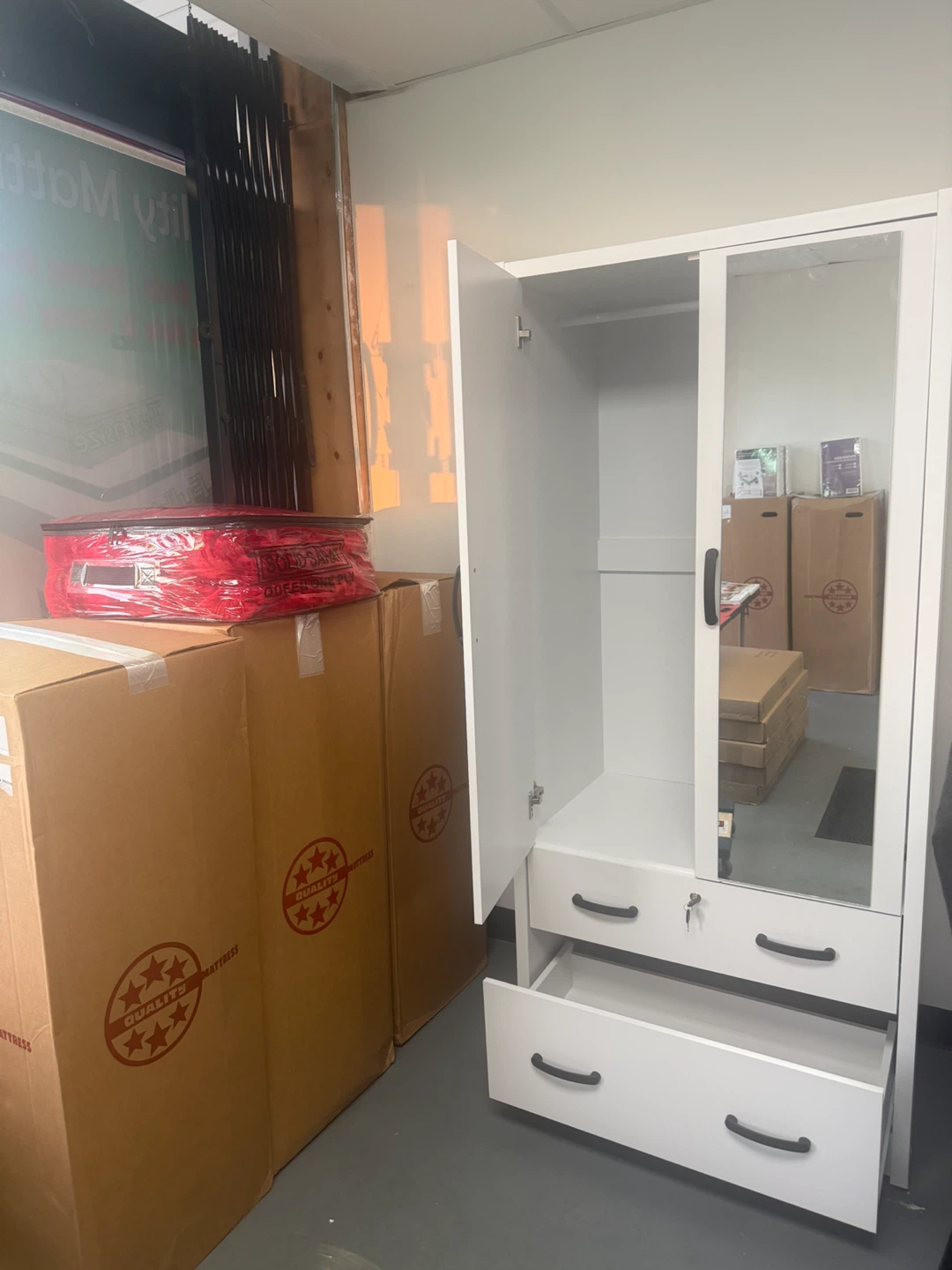White Two-Door Wardrobe with Mirrored Doors and Drawers
