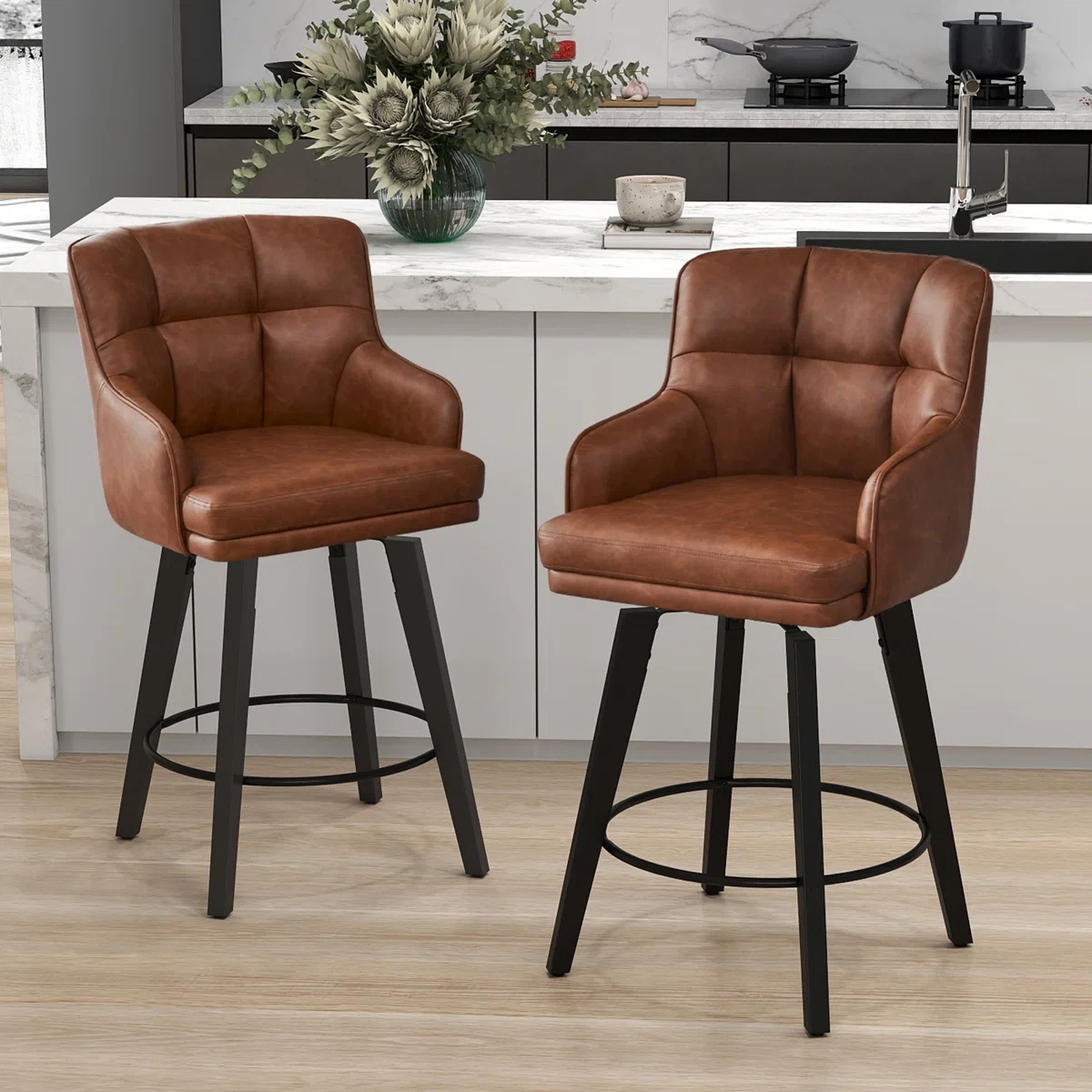 Brown Tufted Swivel Bar Stool
