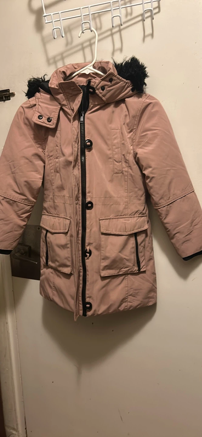 Pink Hooded Winter Jacket with Faux Fur Trim - Size 140