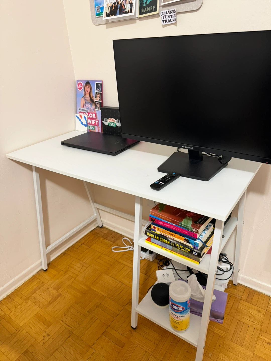 White computer desk with side shelving