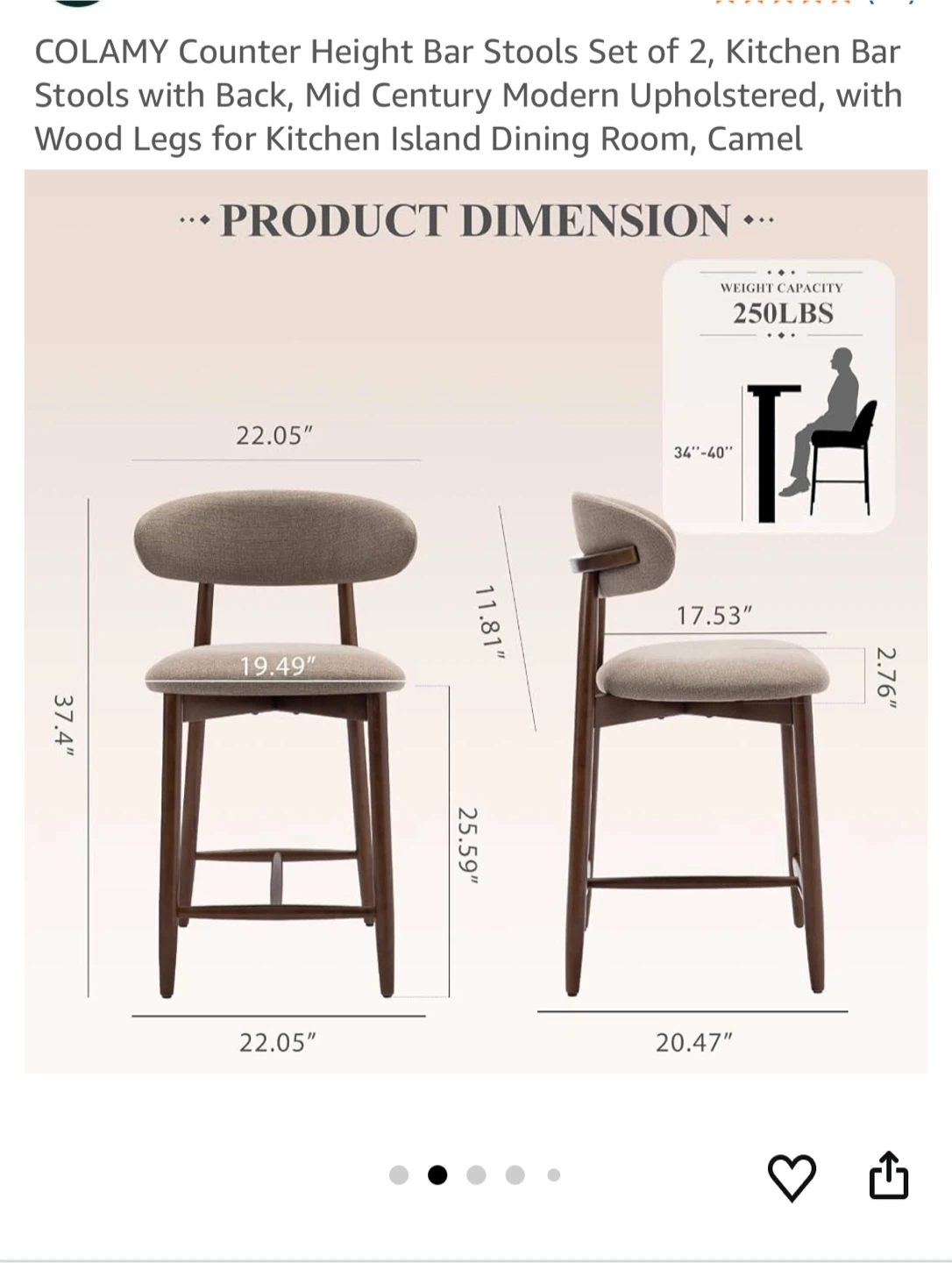 COLAMY Mid-Century Counter Height Bar Stools - Set of 2