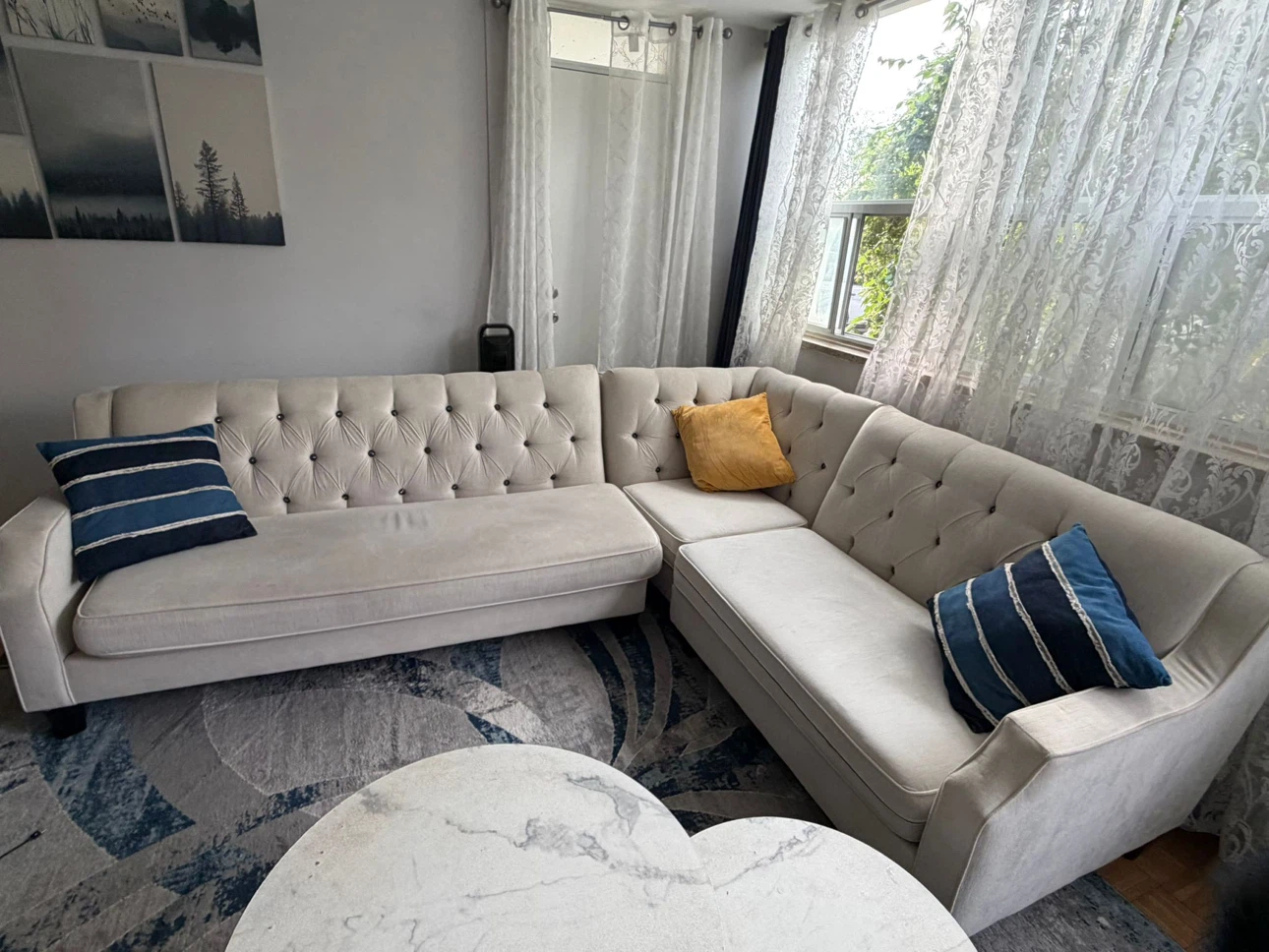 Cream Tufted L-Shaped Sectional Sofa