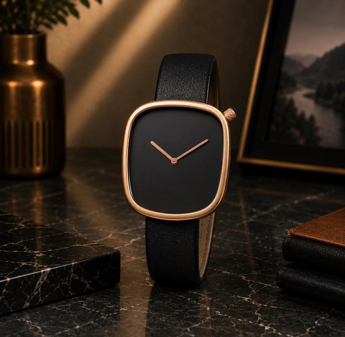 Women's Watch - Black Dial, Gold Bezel, Black Leather Strap