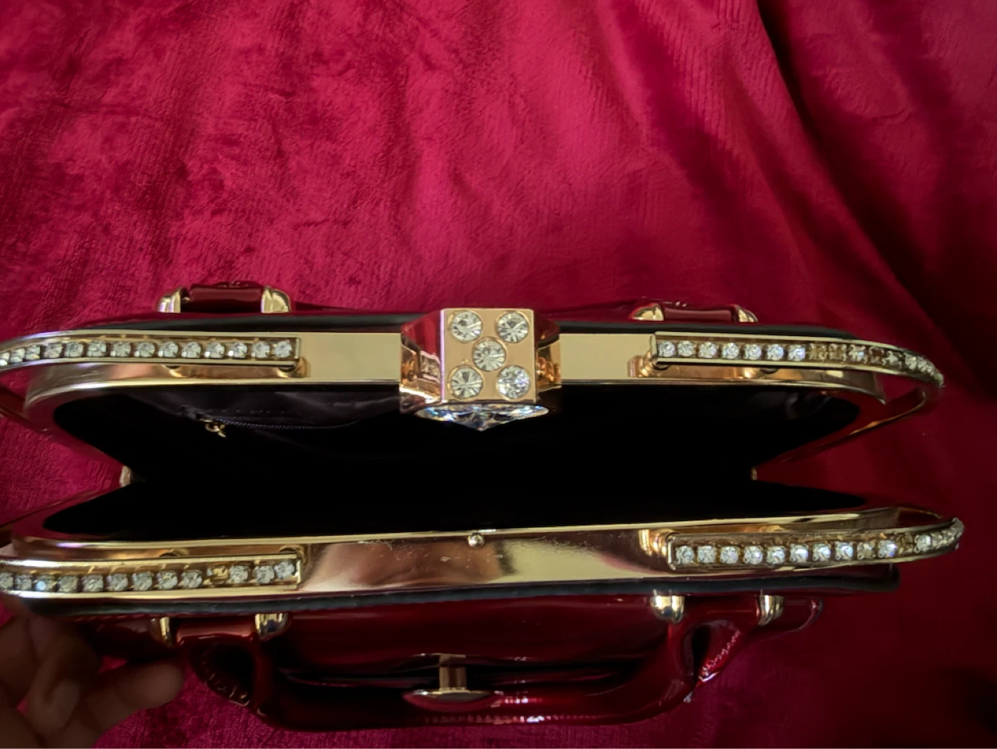 Red patent leather handbag with rhinestone accents - photo 3