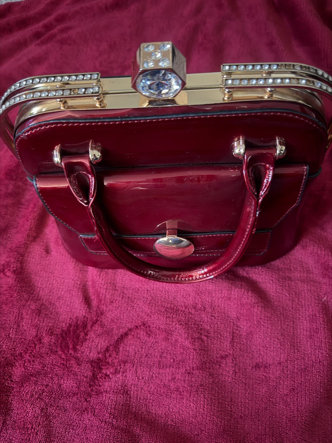 Red patent leather handbag with rhinestone accents - photo 2