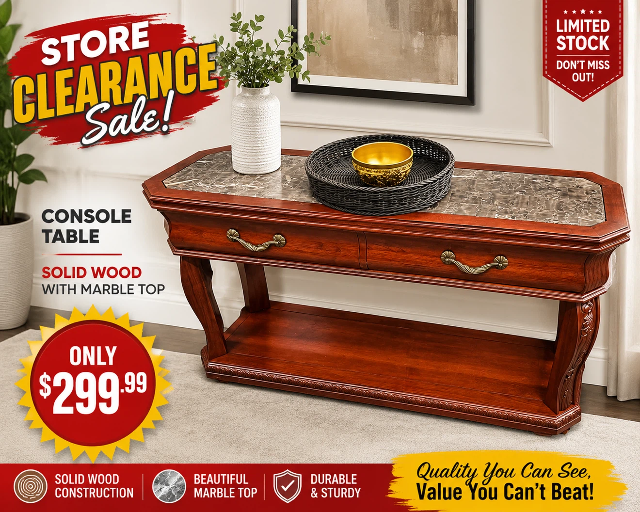 Console Table with Solid Wood and Marble Top