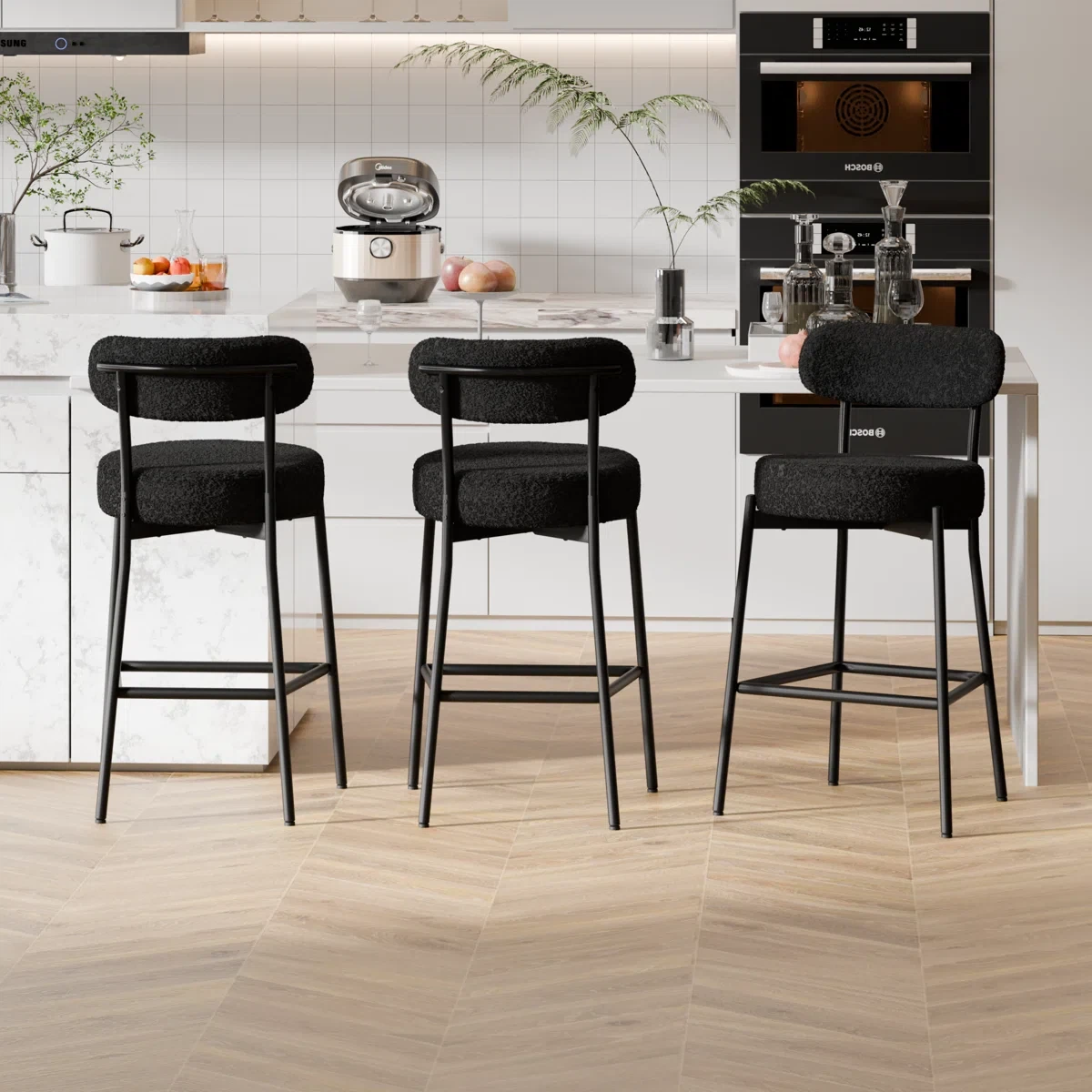 Set of 3 Black boucle Bar Stools