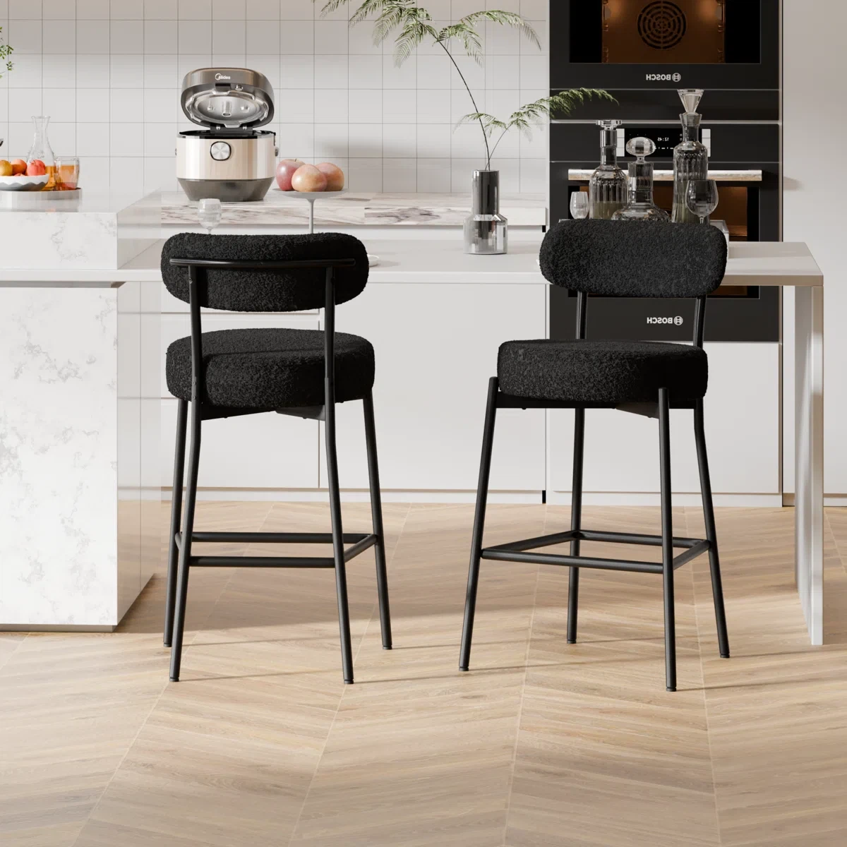 Set of 3 Black boucle Bar Stools - photo 2