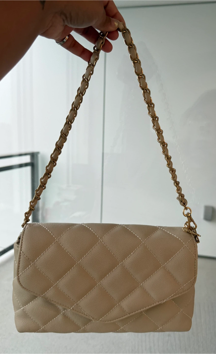 Quilted Beige Chain Shoulder Bag