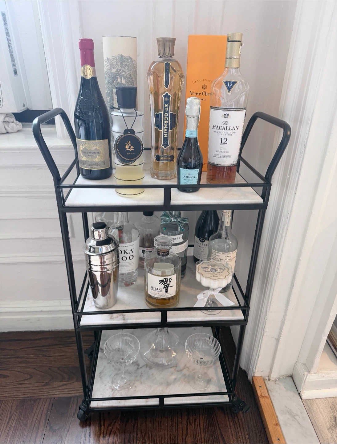 Three-Tier Rolling Bar Cart with Marble Shelves