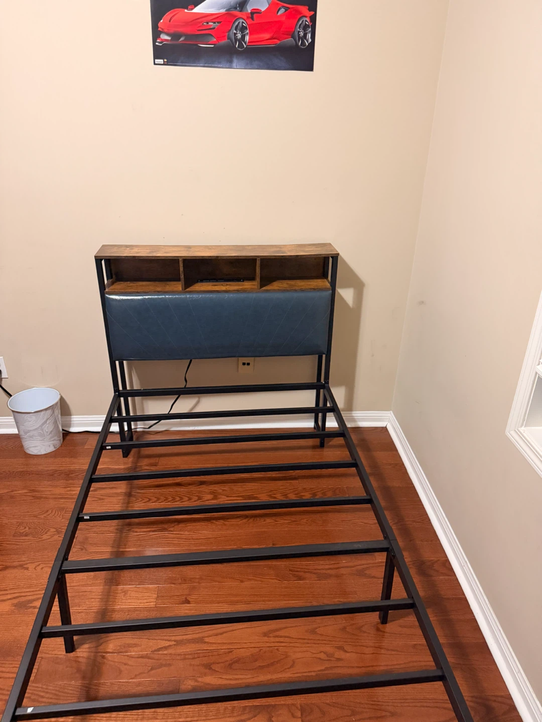 Twin Bed Frame with Headboard - Blue Upholstered and Wood Finish - photo 2