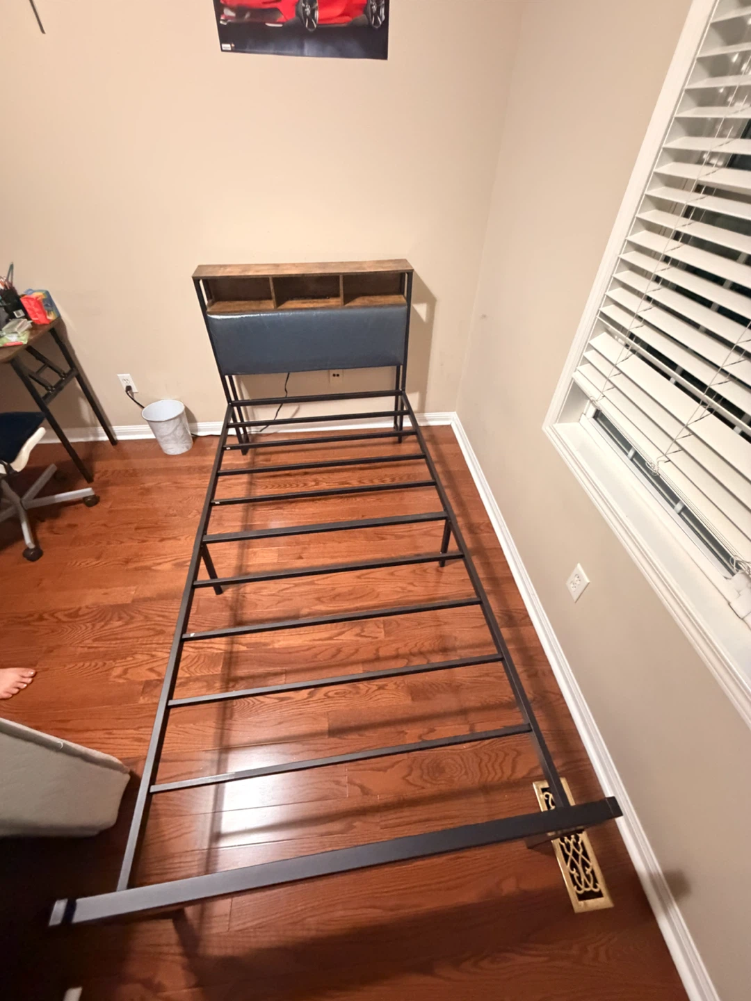 Twin Bed Frame with Headboard - Blue Upholstered and Wood Finish - photo 3