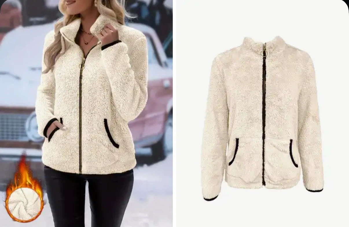Cream Fuzzy Zip-Up Jacket