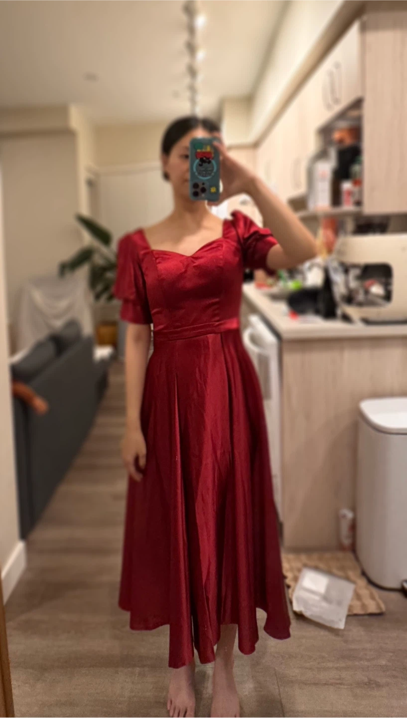 A line Red Satin Midi Dress for prom or wedding photo shoot