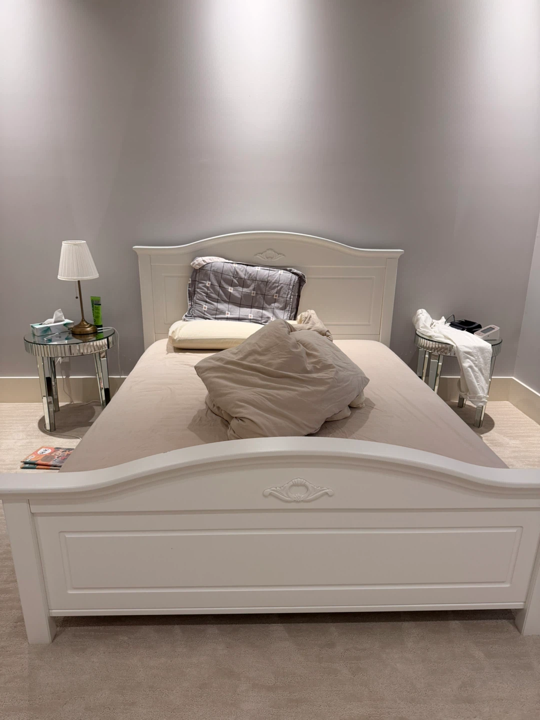 White Wooden Bed Frame and mattress
