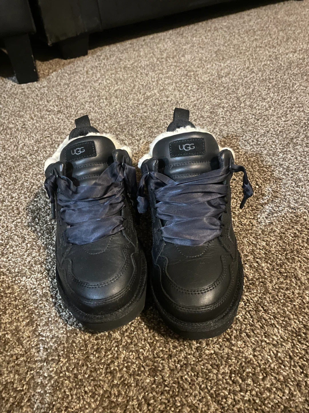 UGG Black Leather Sneakers with Fur Trim