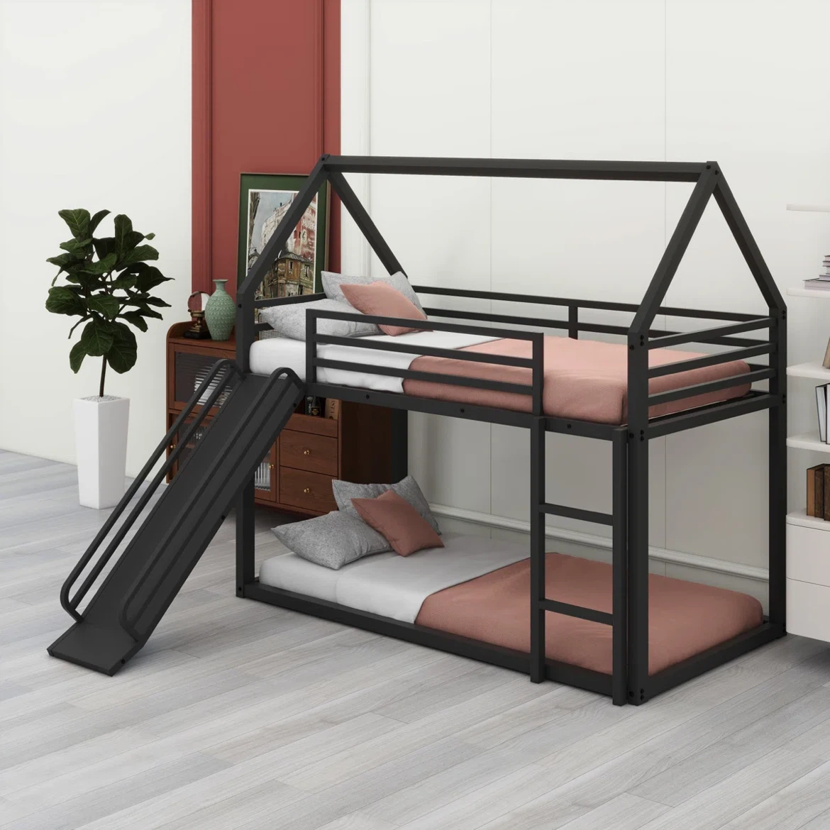 Black Metal House Bunk Bed with Slide - photo 3