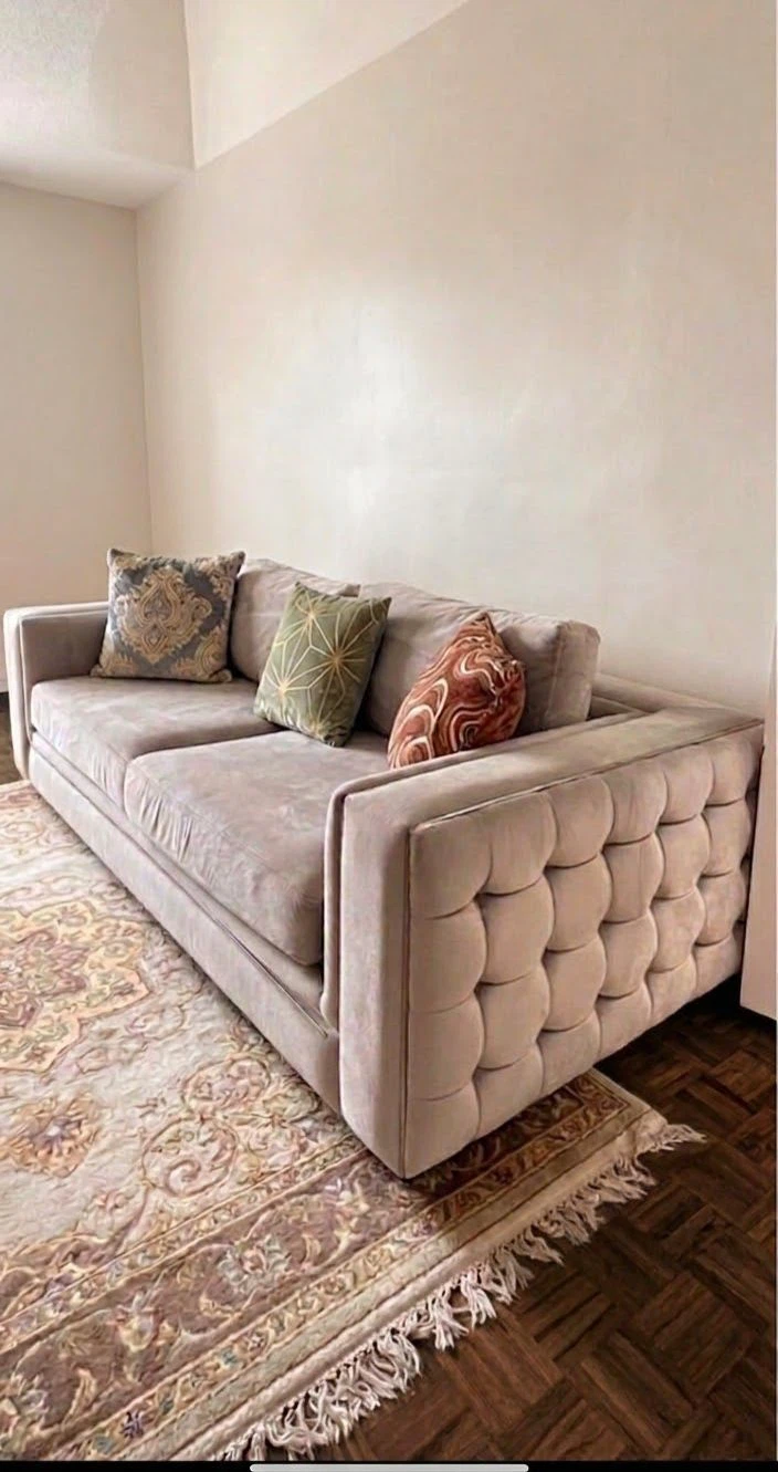 Beige Velvet Tufted Sofa