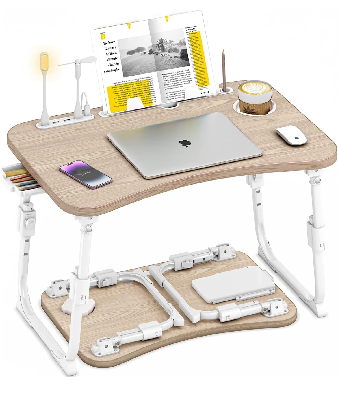 Adjustable Laptop Bed Tray with USB Ports and Fan
