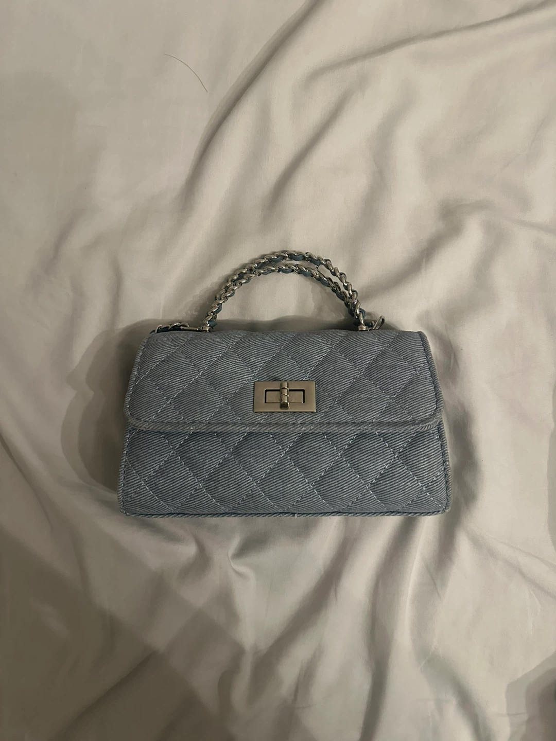 Quilted Denim Mini Handbag with Chain Strap