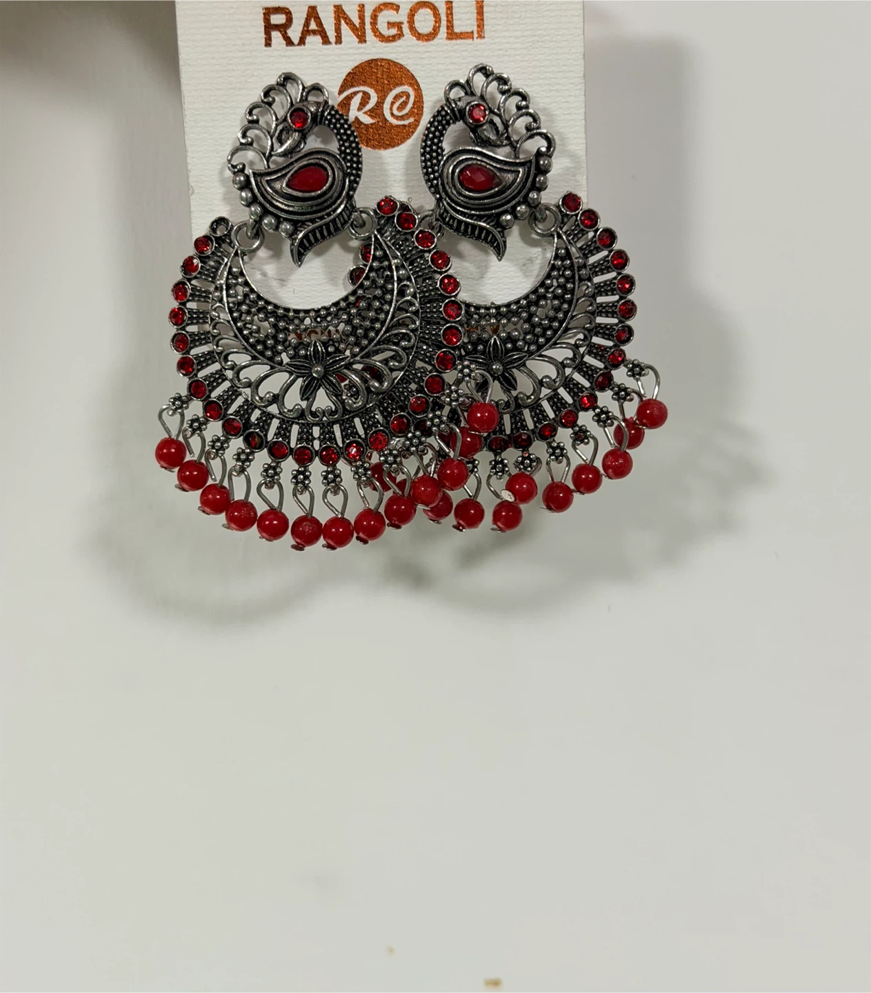 Rangoli Silver & Red Peacock Jhumka Earrings - photo 2