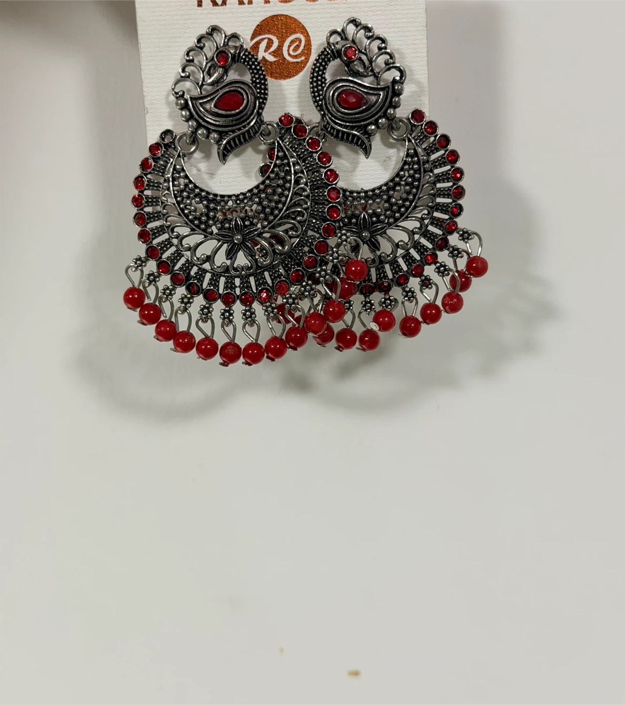 Rangoli Silver & Red Peacock Jhumka Earrings - photo 3