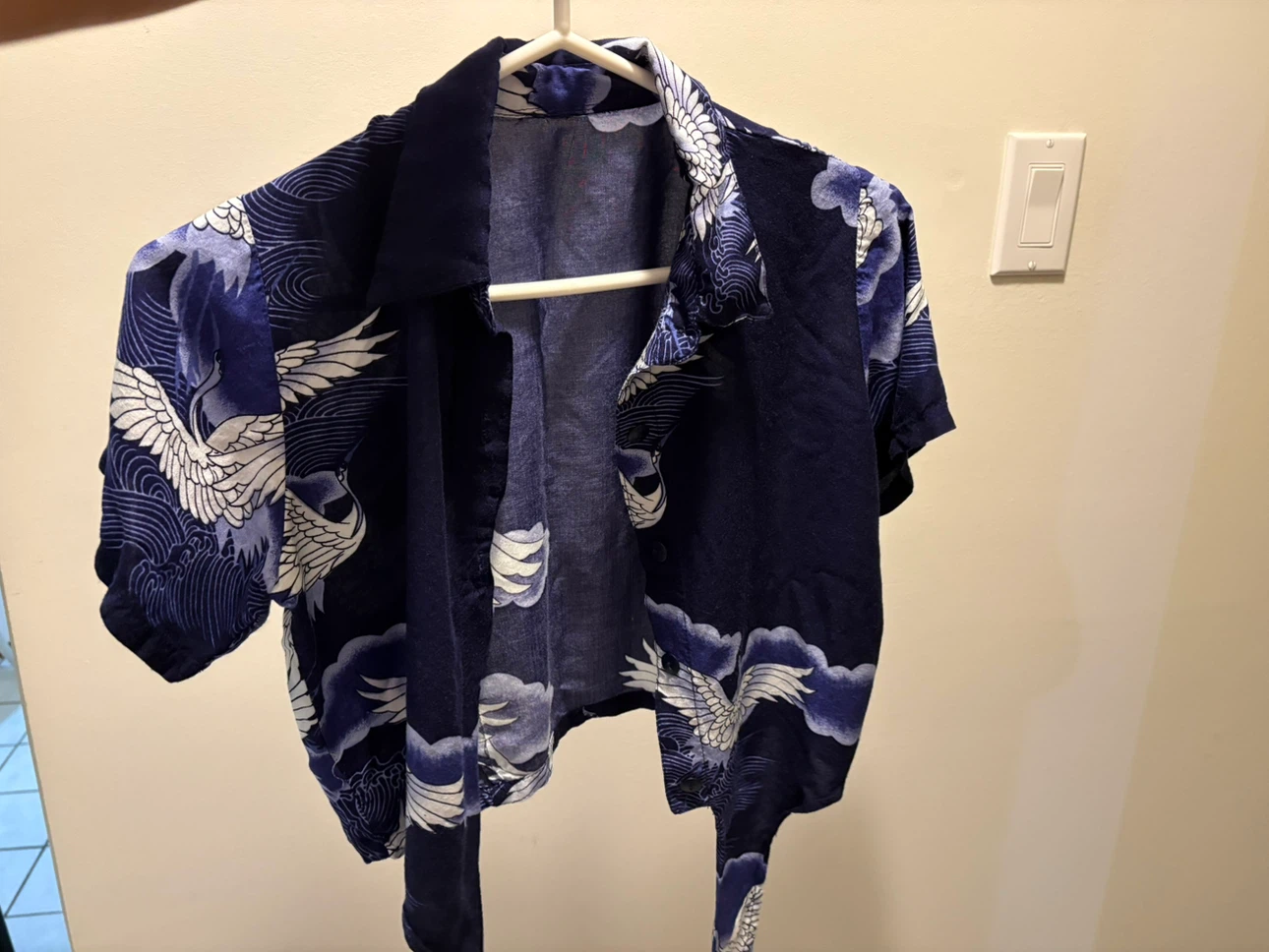 Navy Blue Crane Print Tie-Front Blouse
