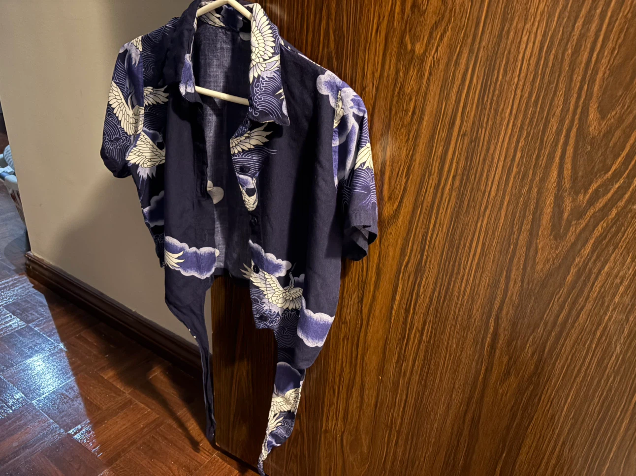 Navy Blue Crane Print Tie-Front Blouse - photo 2
