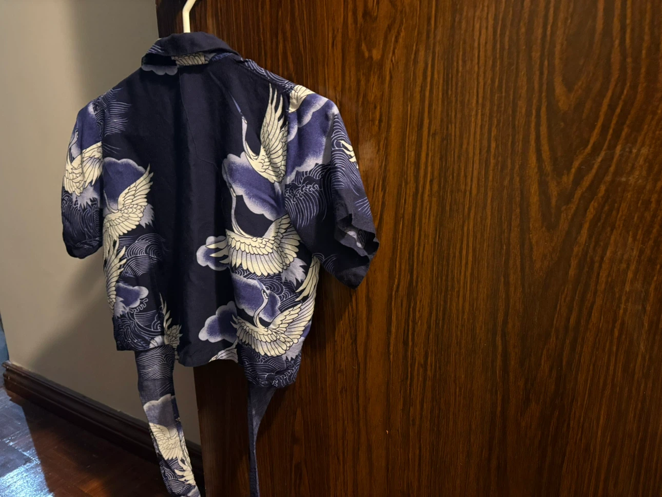 Navy Blue Crane Print Tie-Front Blouse - photo 3