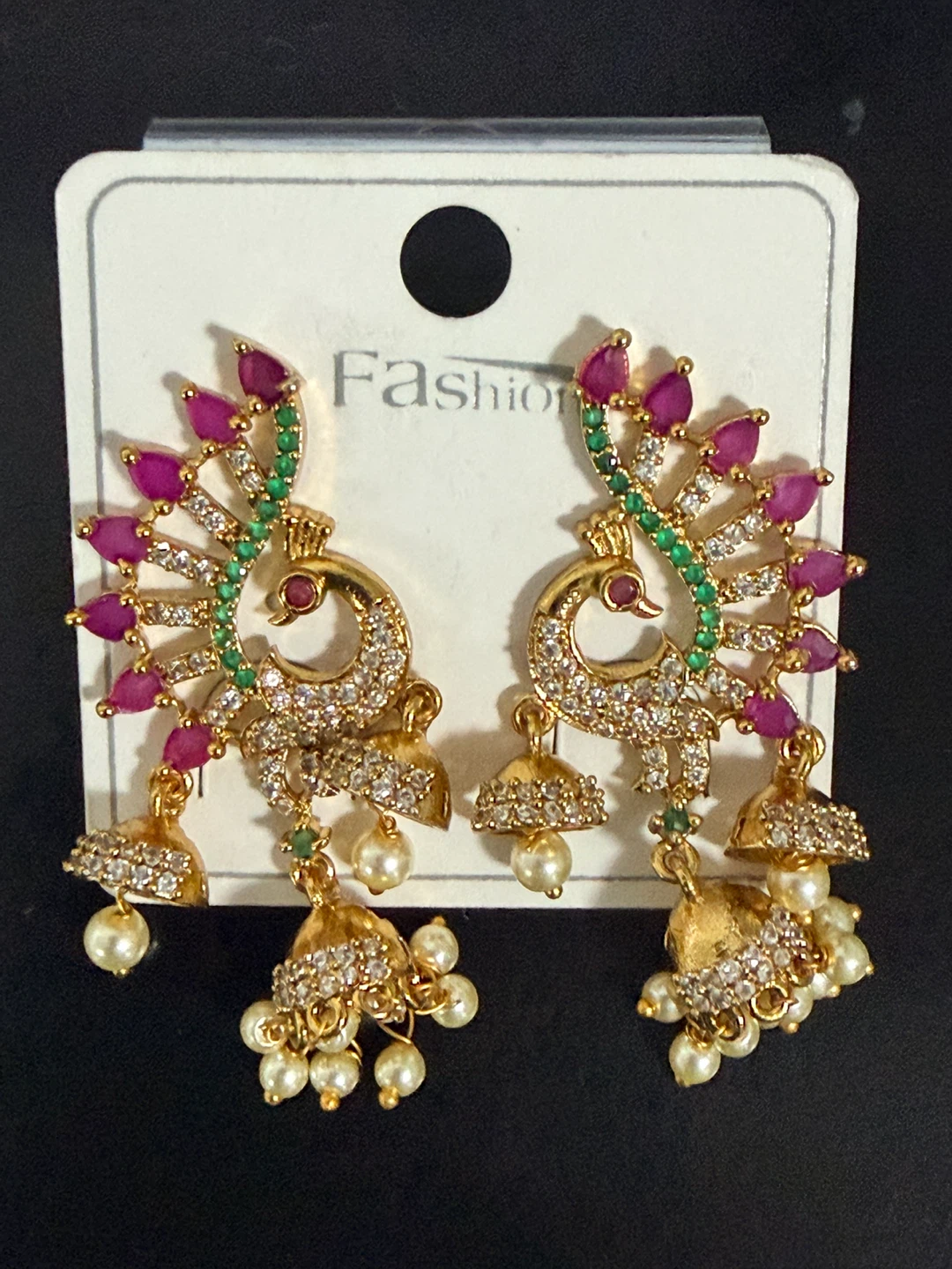 Gold Peacock Earrings with Pink and Green Stones