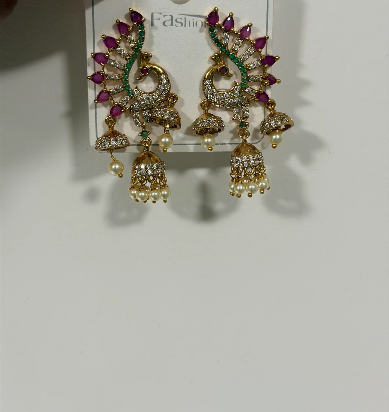 Gold Peacock Earrings with Pink and Green Stones - photo 2