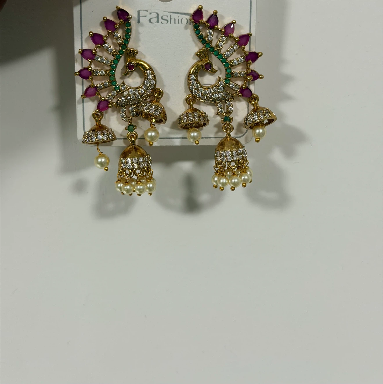 Gold Peacock Earrings with Pink and Green Stones - photo 3