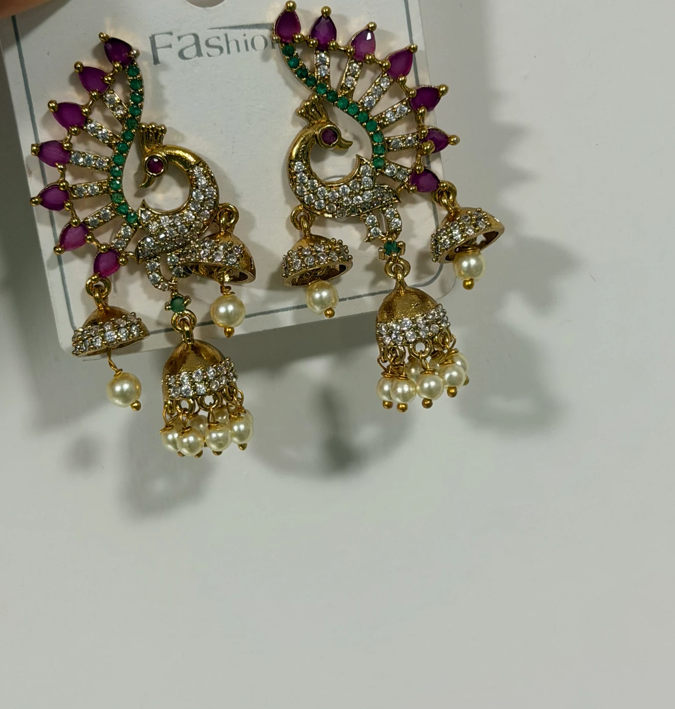Gold Peacock Earrings with Pink and Green Stones - photo 4