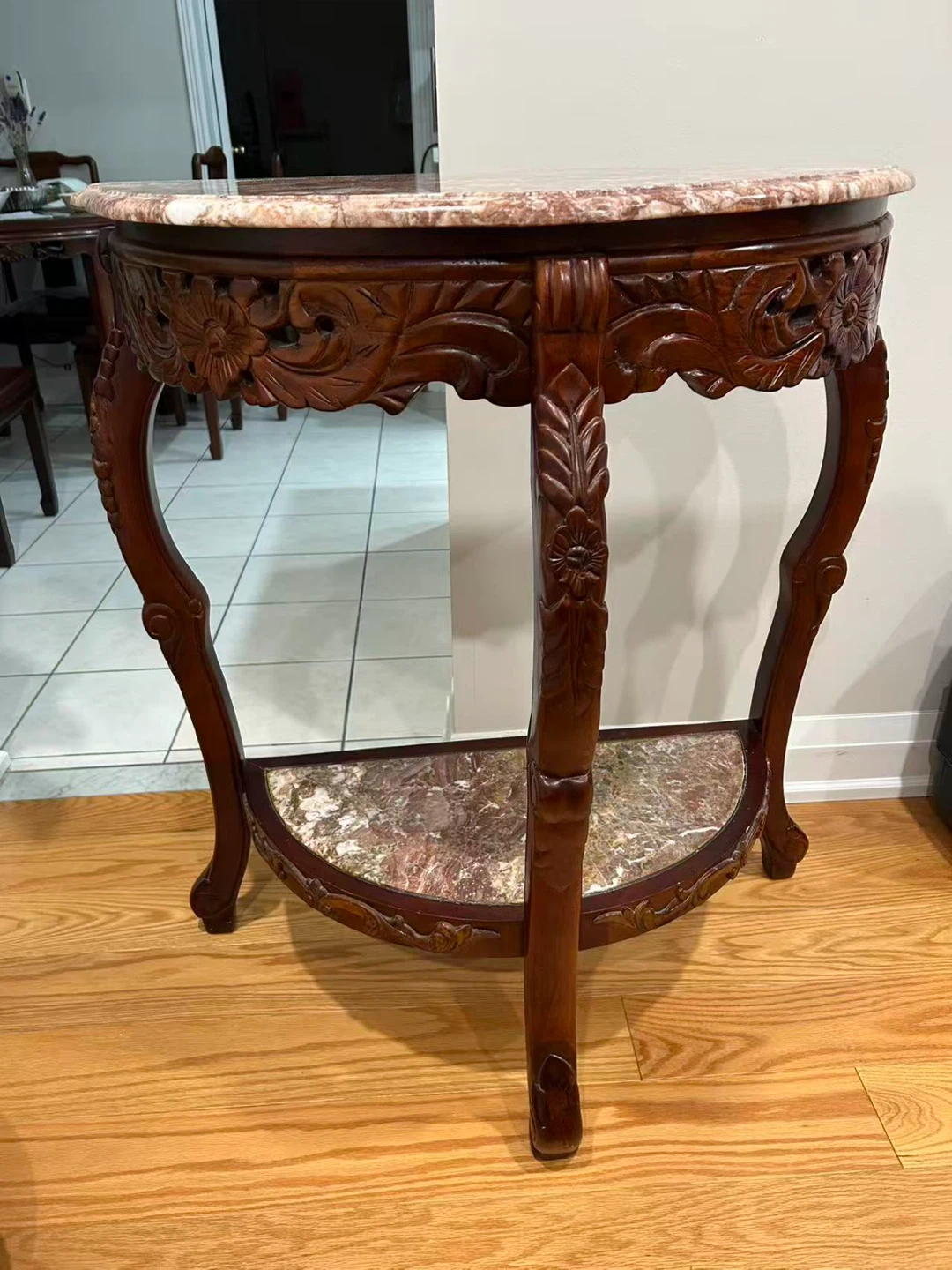 Carved Real Marble Top and Hardwood Console Table