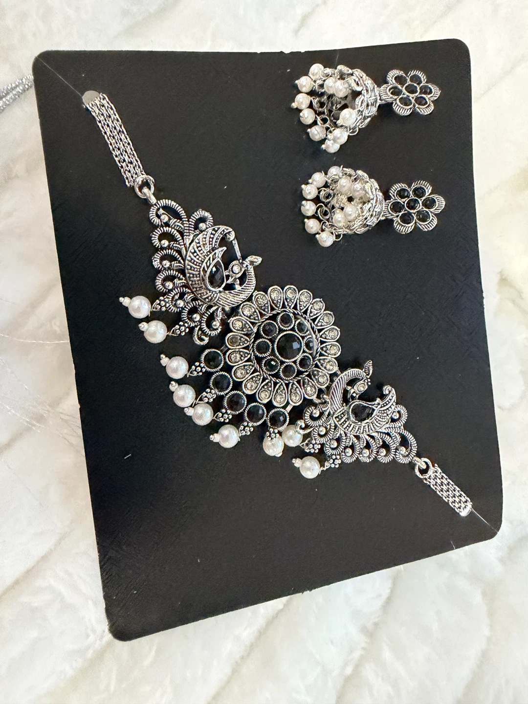 Silver Peacock Choker Necklace with Earrings Set