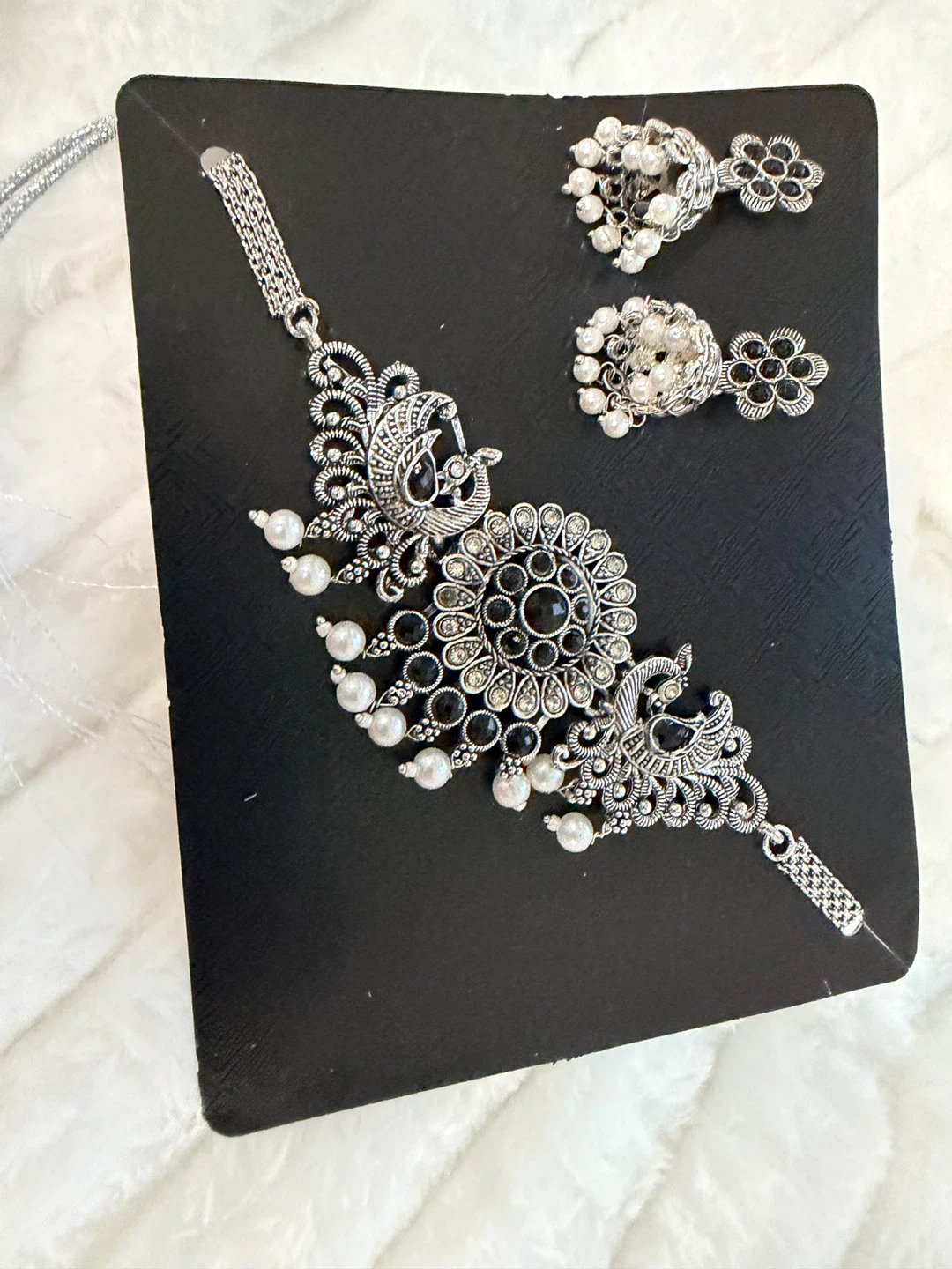 Silver Peacock Choker Necklace with Earrings Set - photo 3