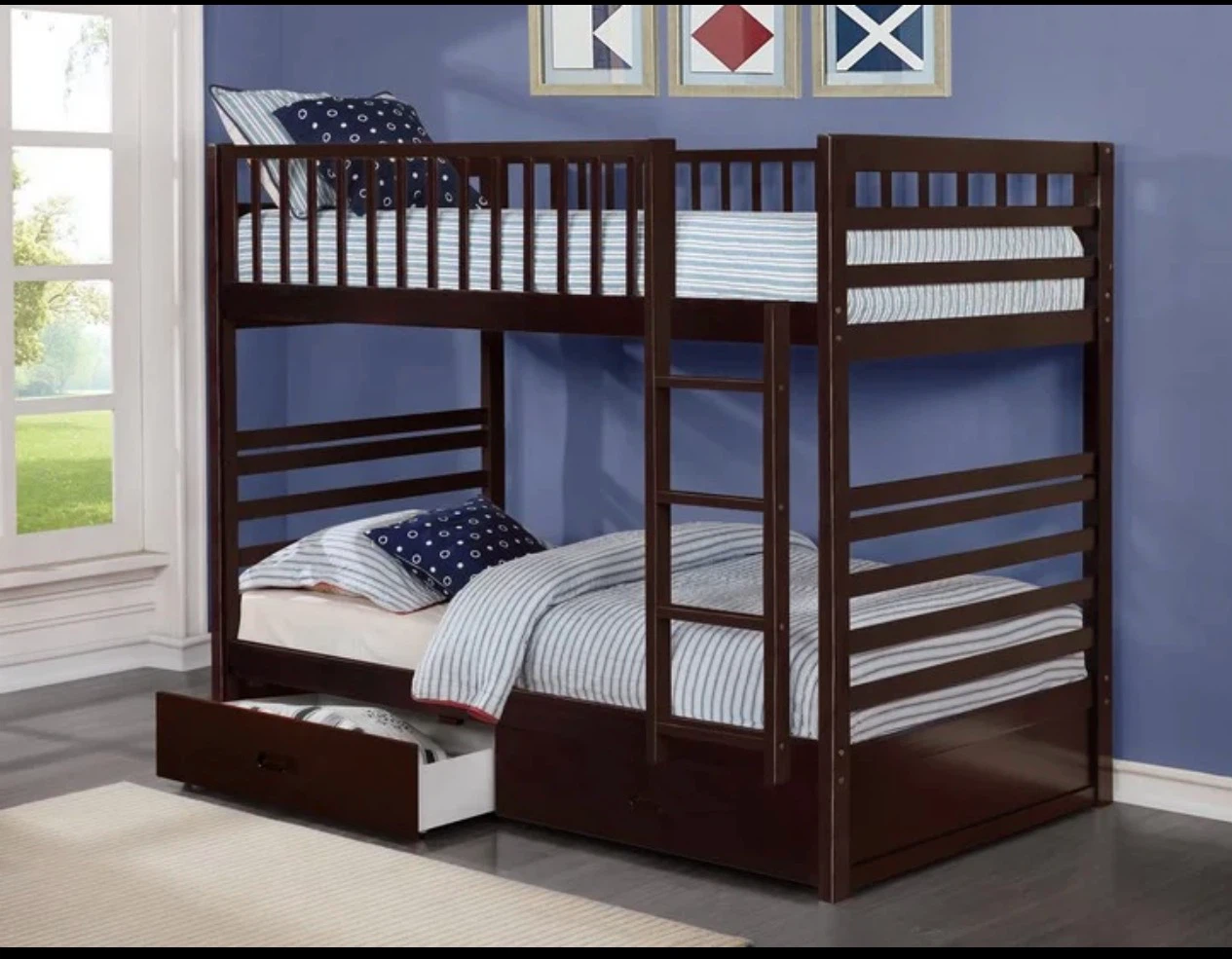 Dark Brown Wooden Bunk Bed with Drawers