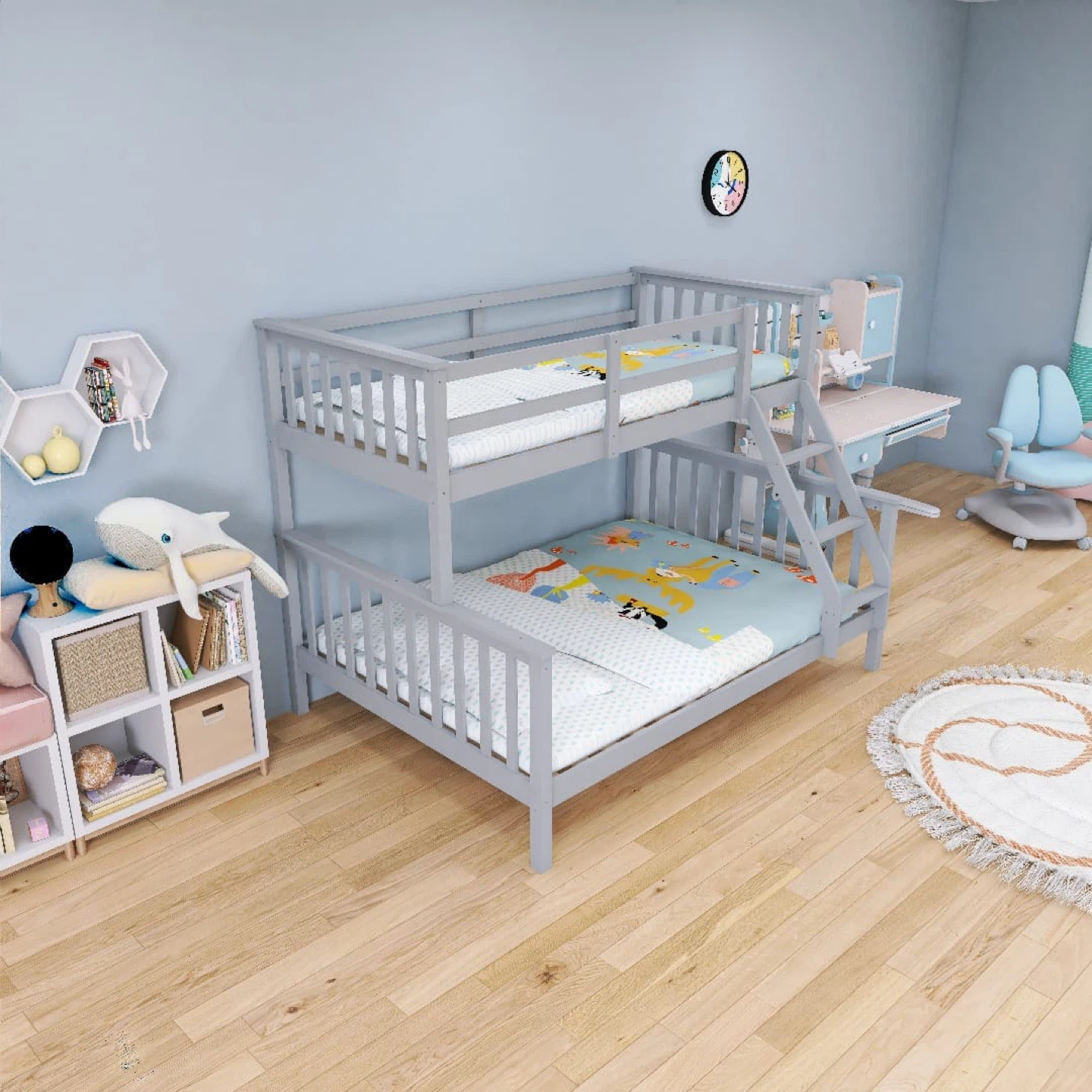 Grey Wooden Bunk Bed with Ladder
