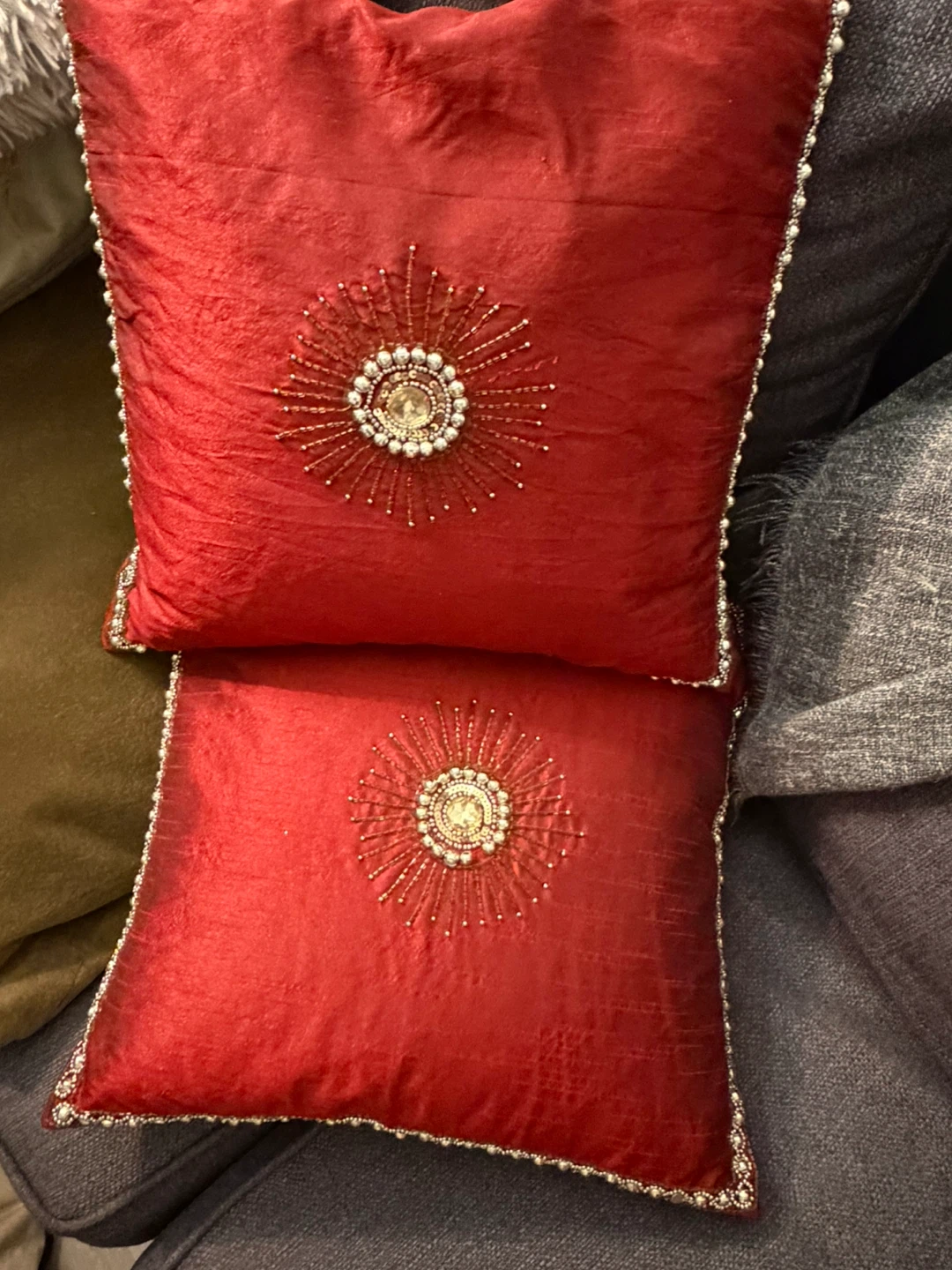 Set of 2 Decorative Red Beaded Throw Pillows