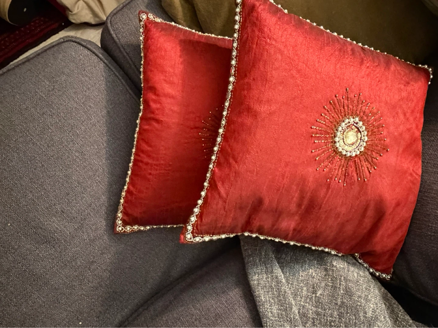 Set of 2 Decorative Red Beaded Throw Pillows - photo 2
