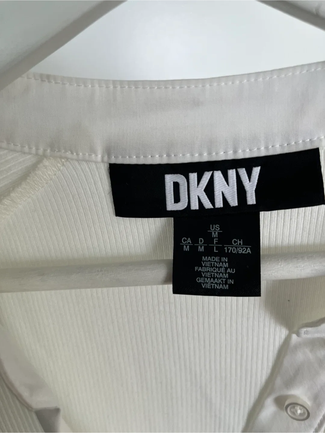 DKNY White Ribbed Puff Sleeve Blouse