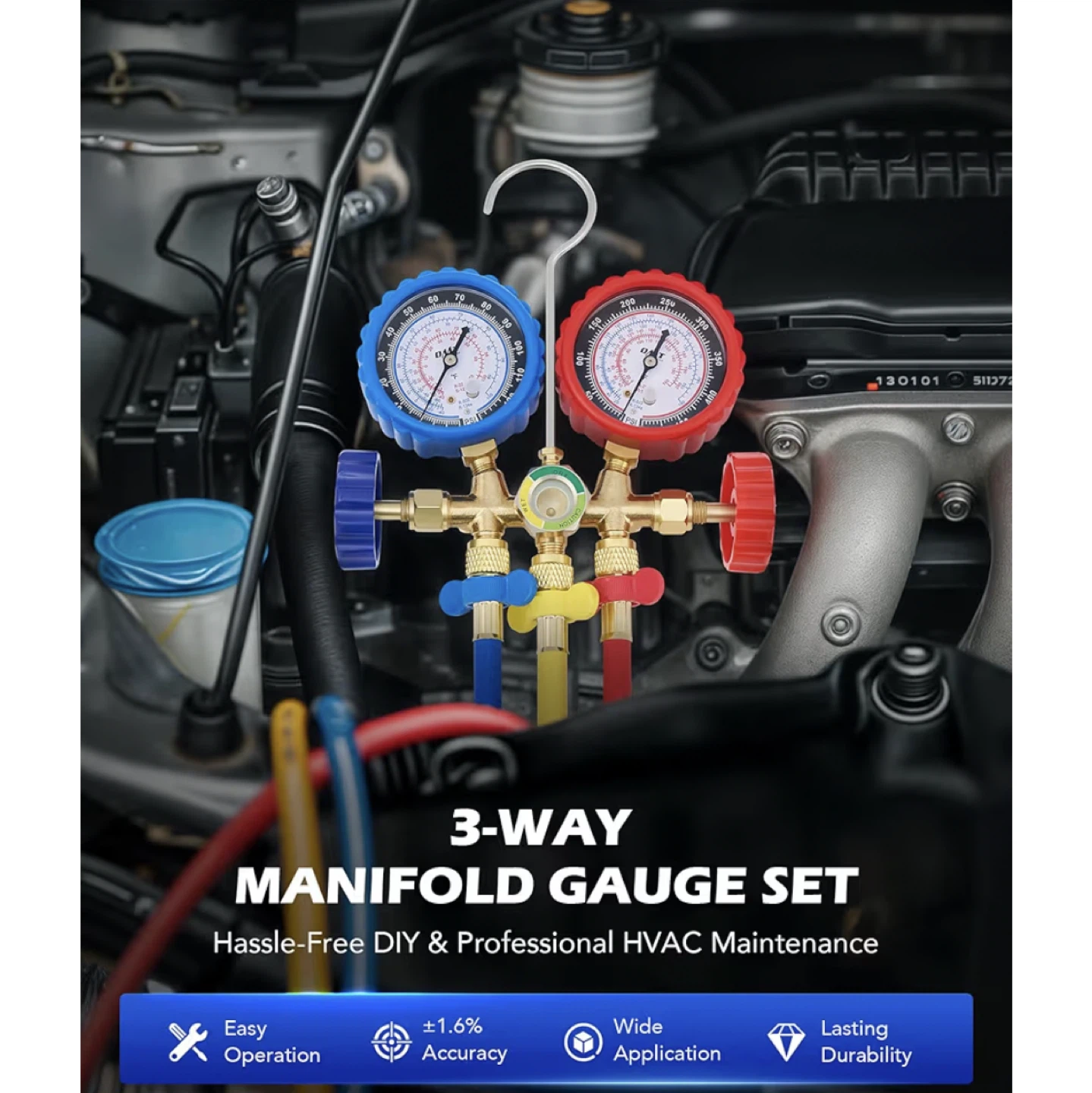 3-Way Manifold Gauge Set with Hoses and Adapters - photo 2