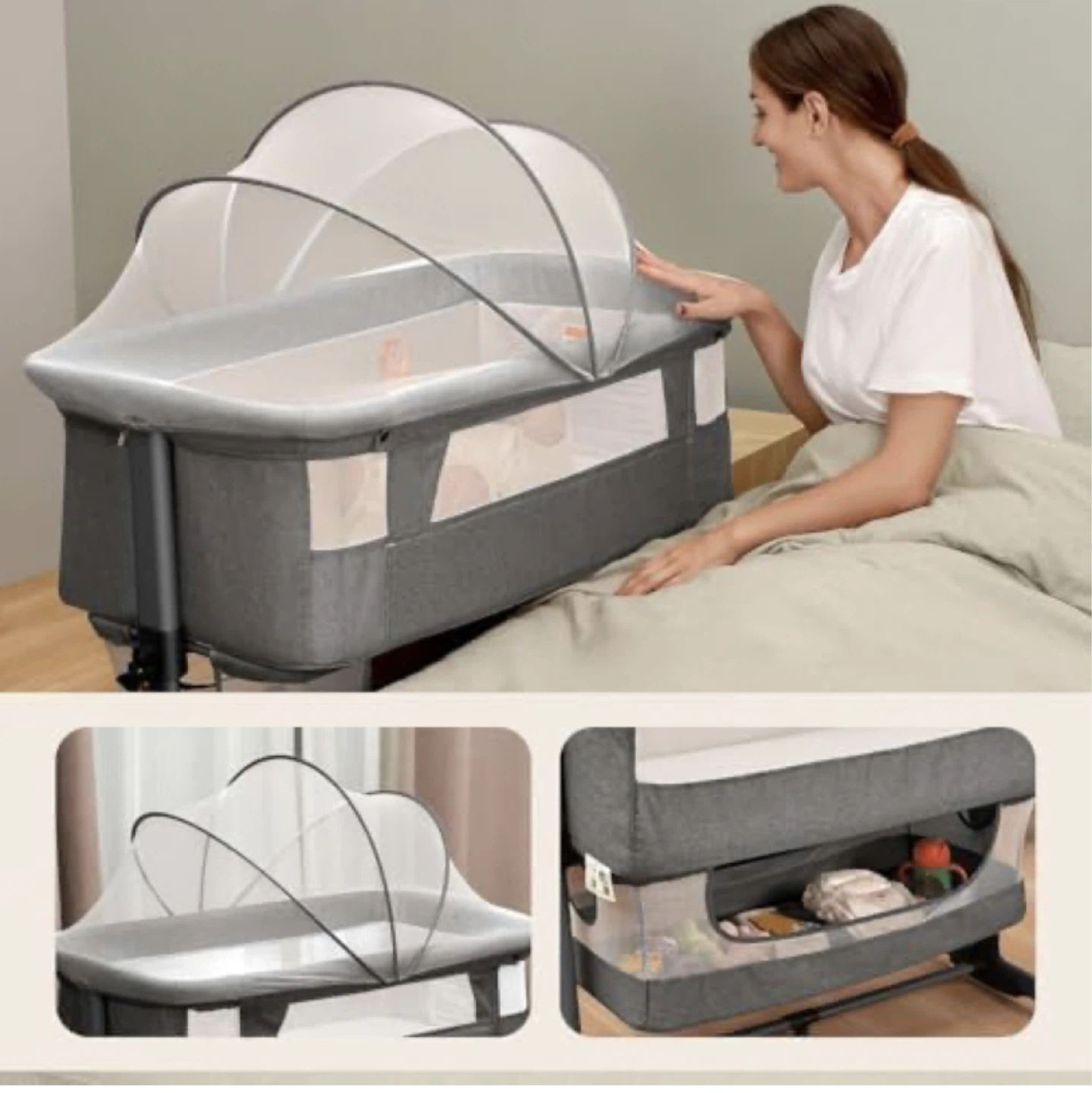 Grey Bedside Crib with Detachable & Washable Mattress - photo 2